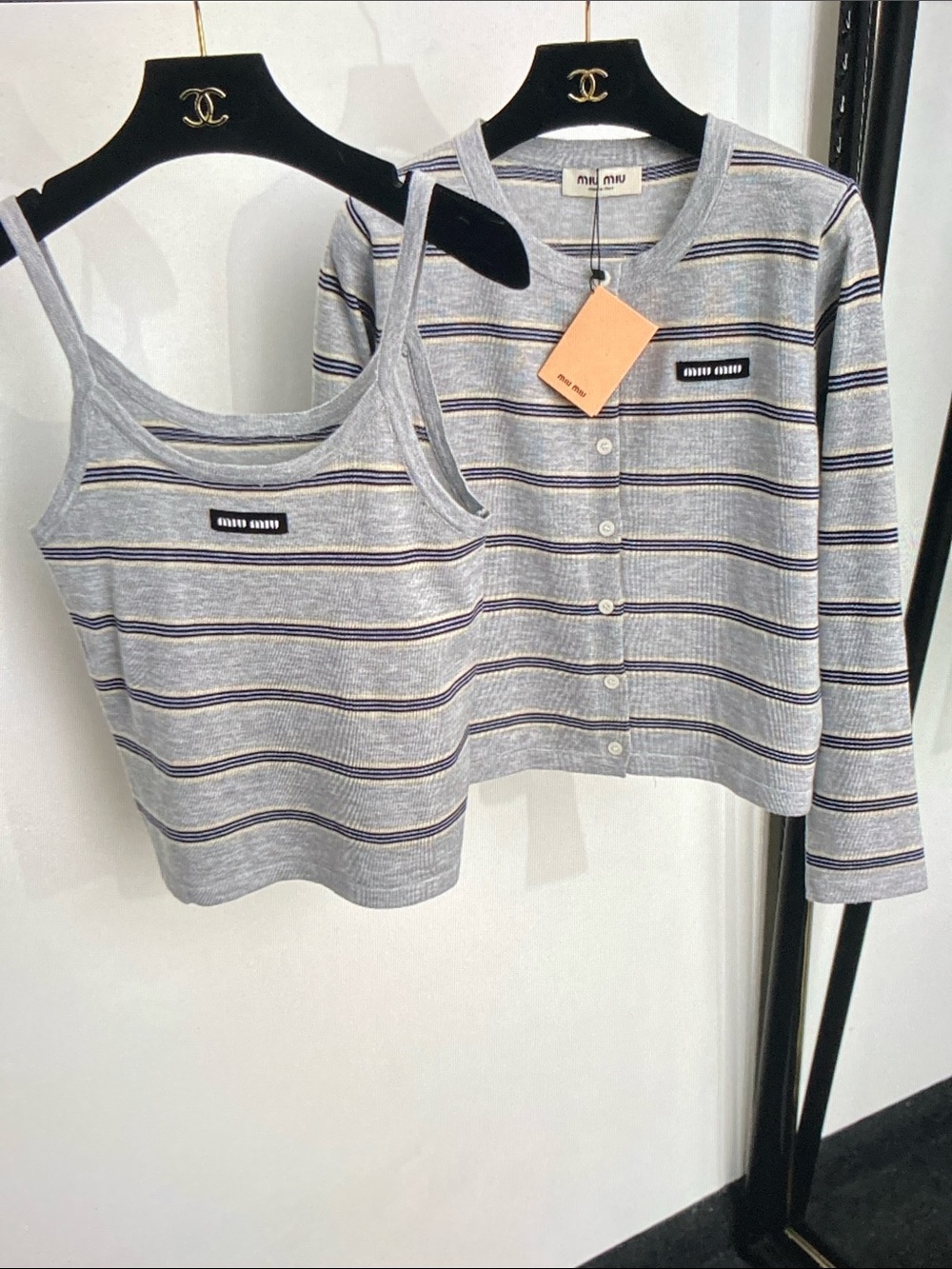 Miu Miu Stripe Knit Matching Set Cardigan + Tank Only Tried-On